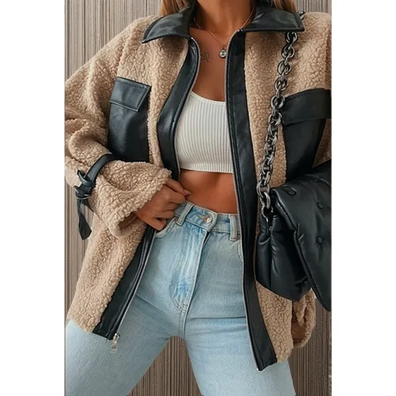 Chaqueta De Piel De Cordero Con Parches For Mujer