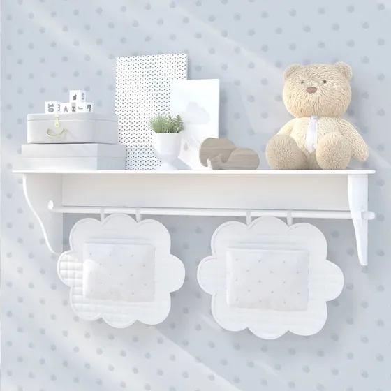Prateleira Mdf 60cm Com Varão Cabideiro Branco Porta Fralda