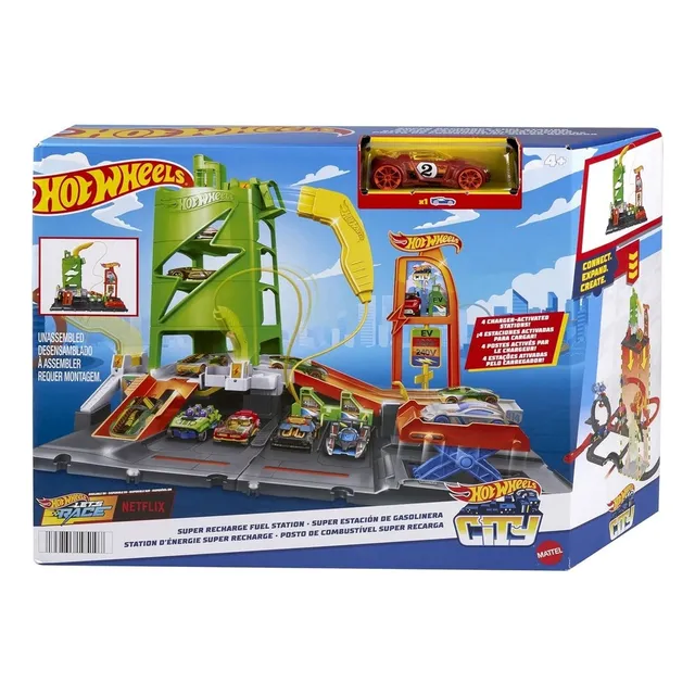 Hot Wheels City Track Estacion De Gasolina Con Cargadores Ev