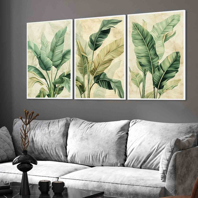 Kit 3 Quadros Decorativo Folhas Folhagem Verde Com Moldura Kit 3 Quadros Decorativo Folhas Folhagem Verde Com Moldura