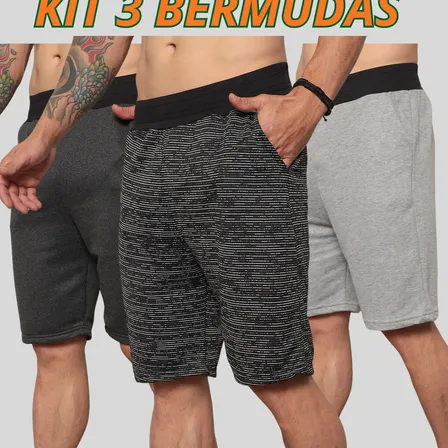 Kit 3 Bermudas Masculinas Moletom Academia Casual Lote Full Sortido Liso Gg ( 46-48 )