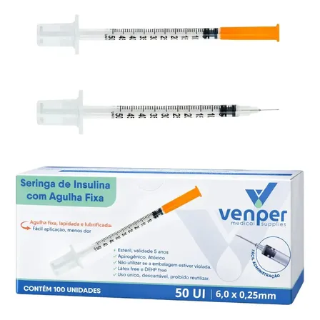 Seringa Insulina Caixa 100un 50ui Agulha Fixa 6,0x0,25mm 5 Ml