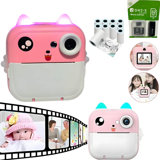 Kit Câmera Digital Infantil Selfie Imprime Foto Grava Video Cor Câmera Rosa + Cartão De Memoria +3 Rolo De Papel