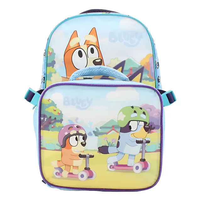 Mochila Bolso Escolar Con Lonchera Bluey Niños Niñas Celeste Geométrico