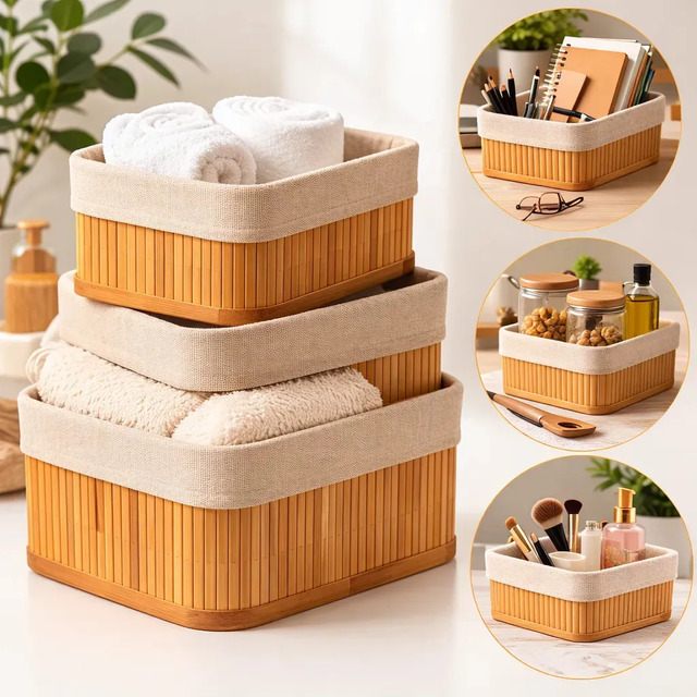 Kit 3 Cestos Domésticos Organizadores De Bambu Multiuso Com Forro Cestos Bambu Forro Laváv... Kit 3 Cestos Domésticos Organizadores De Bambu Multiuso Com Forro Cestos Bambu Forro Laváv...