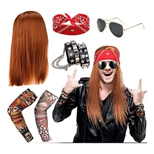 Kit Pelucas Largas Rockera Pulseras Hippie Disfraz