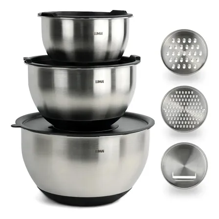 Kit 3 Bowls Tigelas Grandes De Aço Inoxidável Com Tampas Hérmeticas E 3 Discos De Corte De Inox Para Ralar E Fatiar - Base De Silicone Premium - Utensilio De Cozinha Para Misturar, Armazenar E Marinar
