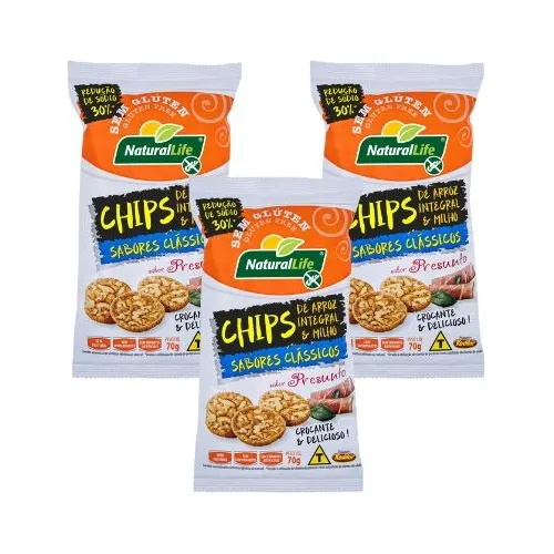 Kit 3 Unidades Chips Arroz Integral E Milho Sem Glúten 70g