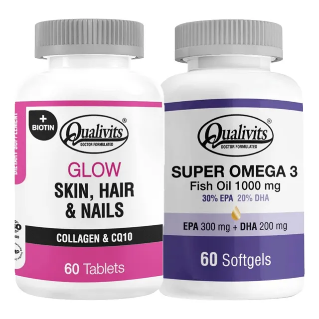 Glow Skin Hair Nails + Super Omega 3 X 60 Fish Oil Qualivits