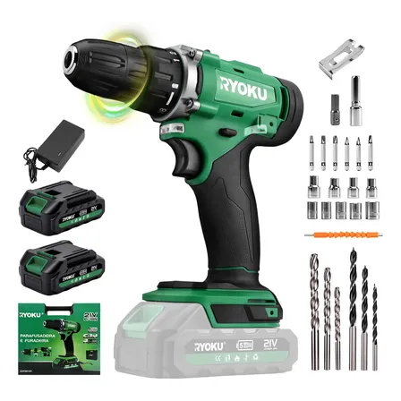 Furadeira Parafusadeira Elétrica Sem Fio 2 Baterias 21v 10mm Verde 127/220v 50/60