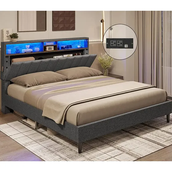 Base Cama Tapizada Led Con Estación Carga,matrimonial Size