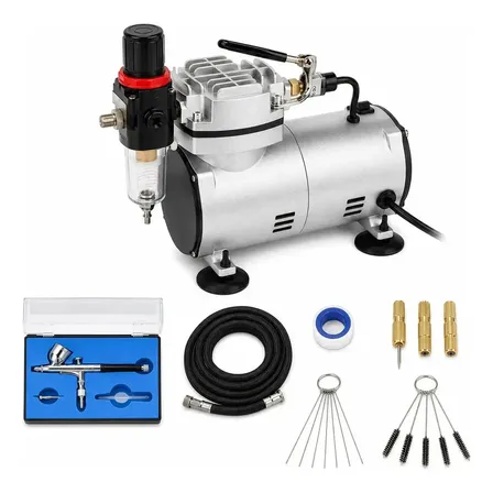 Kit Aerografico Profissional Compressor Ar + Aerógrafo Prata Prateado