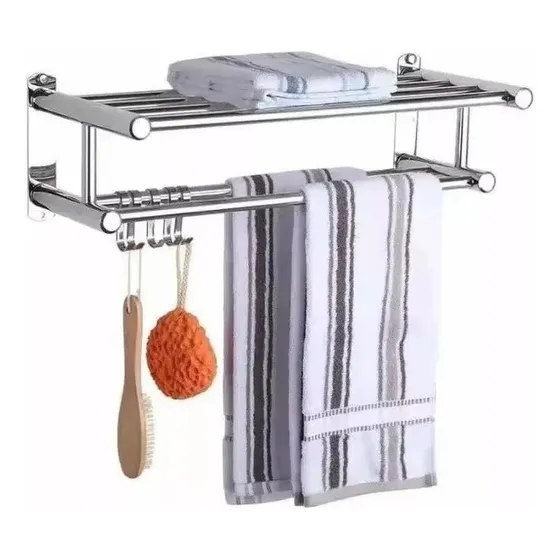 Toallero Para Baño Repisa 60cm Estante De Baño Acero Inoxidable Cromado Con Ganchos