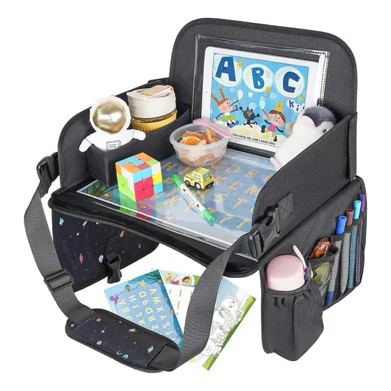 Mesa Multifuncional Para Coche Con Bandeja De Viaje Niños, Mesa Bandeja Organizadora De Niños Con Soporte para tablet y portavasos, Accesorios para Carros Autos Interior, Mancro 1222 Color Negro