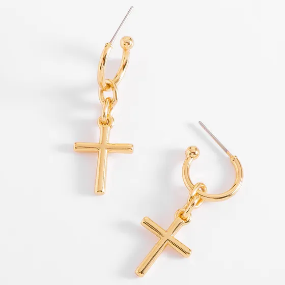 Aretes Dorados Con Dije De Cruz Joyería Nice Baño De Oro 18k