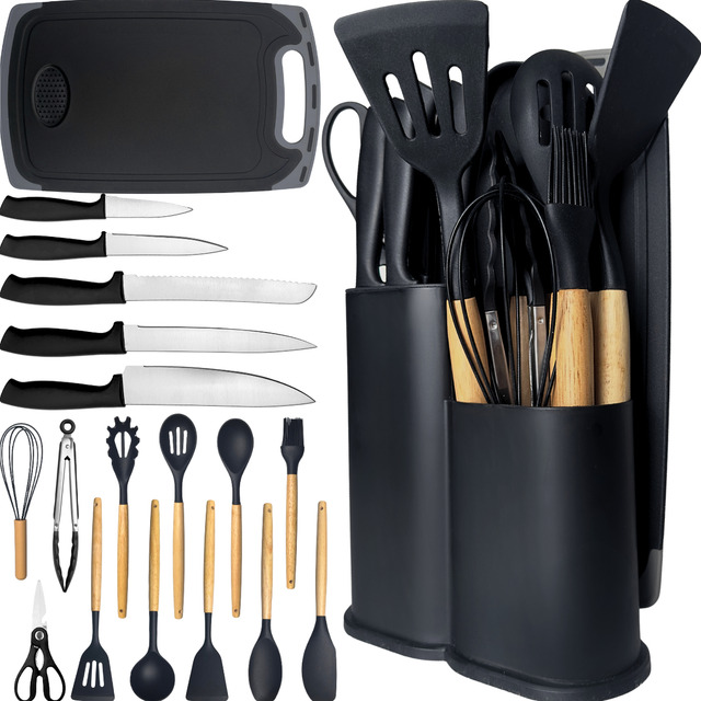 Kit Utensílios Silicone C/ Cabo De Madeira E Facas Em Inox Kit Utensílios Silicone C/ Cabo De Madeira E Facas Em Inox