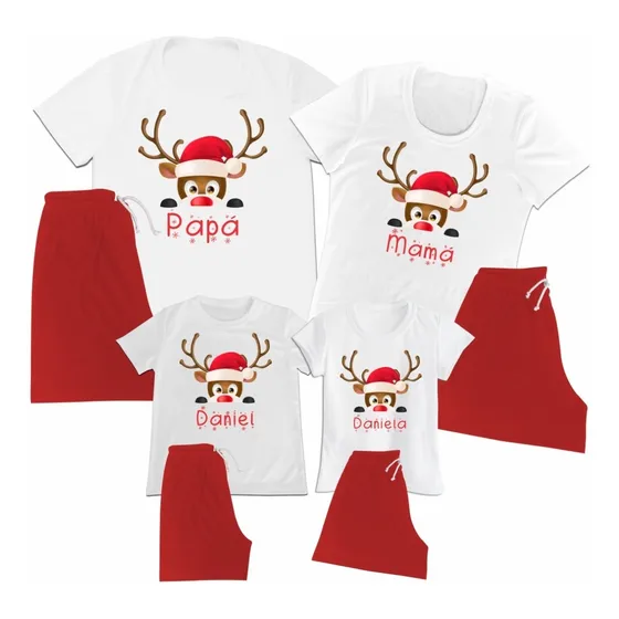 Pijama Short Set 4 Papa Mama Hijo Feliz Navidad Navideña 