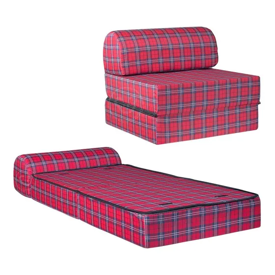 Sillón Sofa Cama Maxiking Celeste Colchón 1 Plaza Color Escocés Diseño De La Tela Cuadriculado