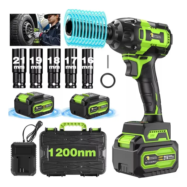 Llave De Impacto Inalámbrica Eléctrica Pistola Taladro 1200 N.M con 2 Baterías Pilas Alto Par Color Verde Y Negro 21V Con Maletín De Transporte CNCONENTOOLOFFI