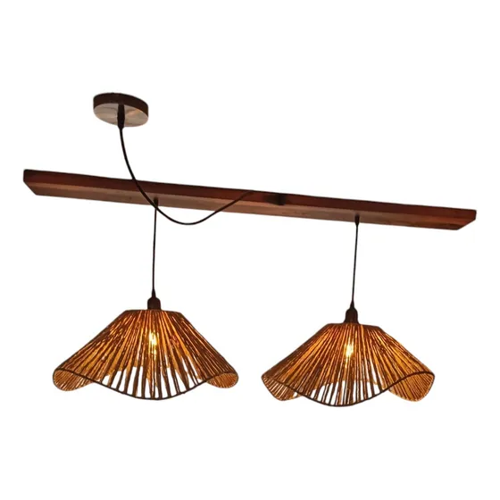 Lampara Colgante Doble Manta Base Madera Nativa Marrón