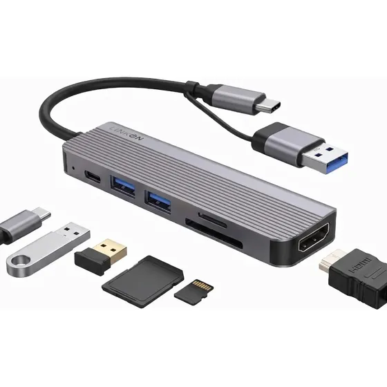 Hub Adaptador Usb C 6 En 2 Linkon Para Mac Macbook Windows - Aluminio