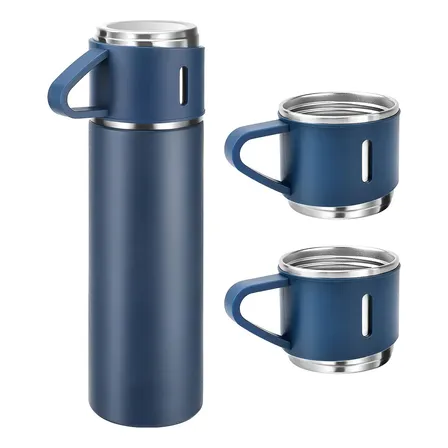 Caneca Kit Garrafa Térmica Vacuum Bottle Inox 500ml + 3 Xíca Azul