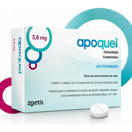 Apoquel Zoetis 3,6mg 20 Comprimidos Para Coceira Dermatite Verde