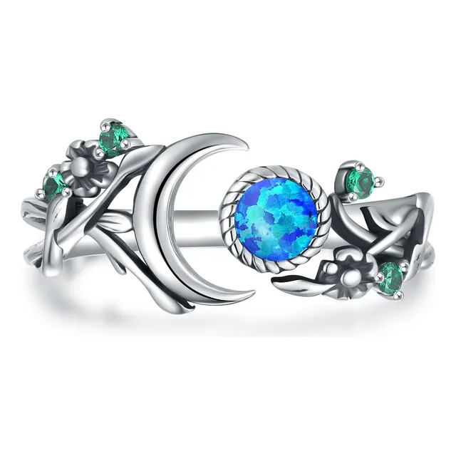 Anillo De Luna De Ópalo Clásico Mujer Plata 925 Ágata Musgo