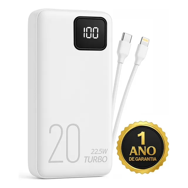 Carregador Portátil Power Bank Turbo 20000mah Universal Para iPhone Samsung Motorola Xiaomi 20w Com Display Digital Cor Branco Dtimp