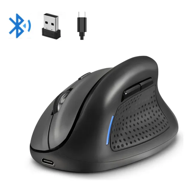 TERPORT Mouse Vertical Ergonómico Inalámbrico F50 Con Bluetooth/2.4 G/cable, 5 Niveles Dpi Hasta 4800dpi, Mouse Inalámbrico Recargable Con 6 Botones, Compatible Con Win/mac, Gris/negro