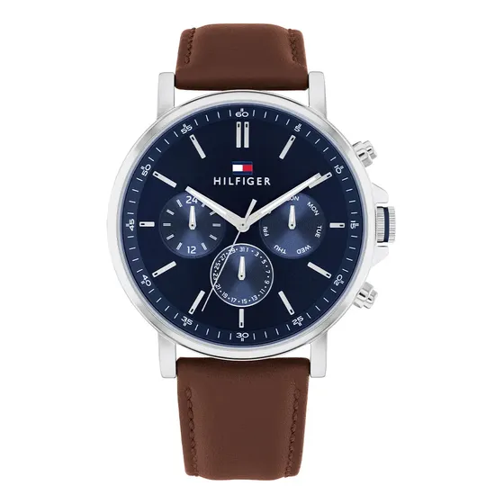 Reloj Tommy Hilfiger Hombre Tyson 1710585 Malla Marrón Bisel Plateado Fondo Azul