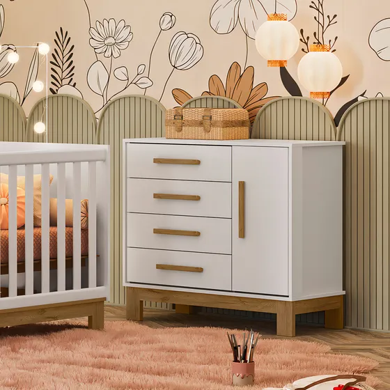 Cômoda Sapateira Infantil Montessoriana Organizadora De Roupas Com 4 Gavetas Multiuso E 1 Porta Para Quarto De Criança Menina E Menino Cor Branco