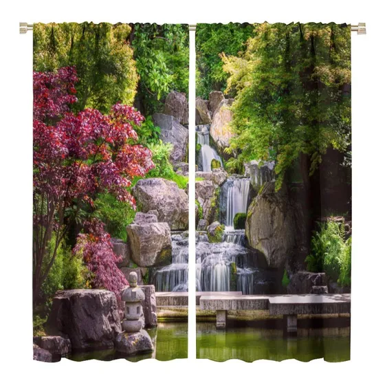 Cortina Cascada Natural Verano Lago Jardin Arbol Arce Puente