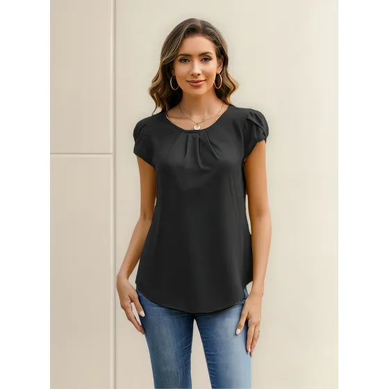Blusa Plisada Con Cuello Redondo Para Mujer, Camisa