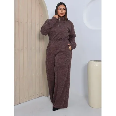 Conjunto Plus Size Inverno Feminino Frio Blusa Longa 2 Peças Marrom G3