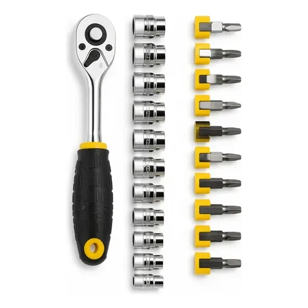 Jogo Chave Catraca Soquete 1/4 Cr-v 19 Peças Amarelo E Preto