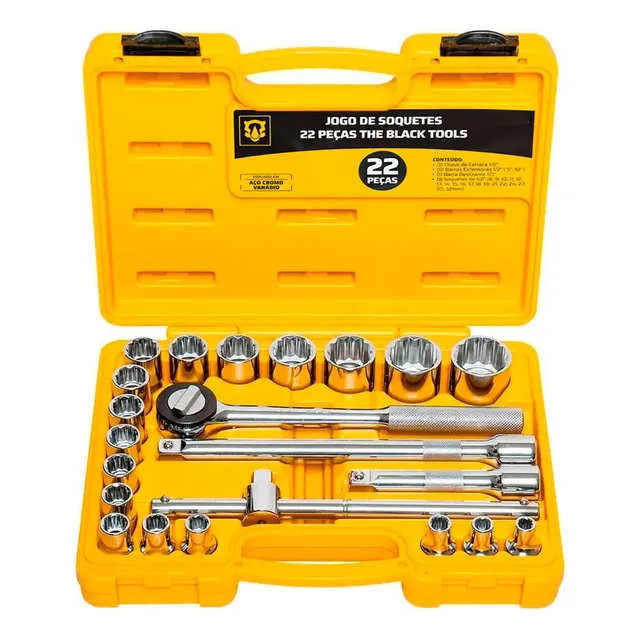 Jogo Kit De Soquetes Ferramentas Manuais Chave Catraca Reversível 1/2 Pol 8 A 32mm Cor Amarelo Bcs022 The Black Tools