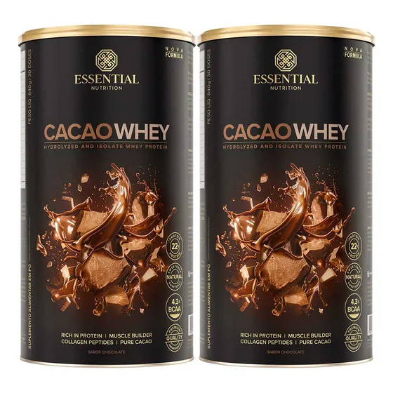 x2 Suplemento em Pó Essential Nutrition Cacao Whey Sabor Chocolate em Lata de 840g