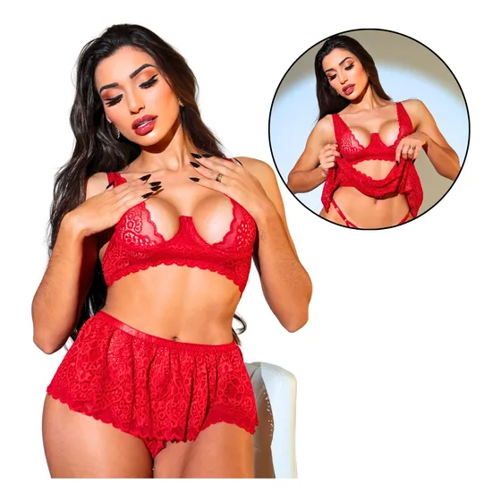 Kit Lingerie 3 Em 1 Renda Calcinha Fio Sutiã Sem Bojo E Saia