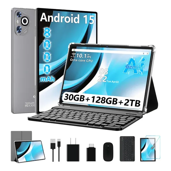 2026 Último Tablet Android 15 Gemini Ai Tablet 10 Pulgadas Con 30gb Ram+128gb Rom/tf 2tb, Octa-core 2.0 Ghz, 8000mah, 5g Wifi, Widevine L1 Bt5.0 Con Funda Mouse Teclado Y Camara Dual, Face Id- Gris