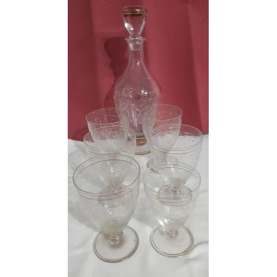 Botellón/licorera Y 6 Copas De Cristal Antiguo .de Los '40