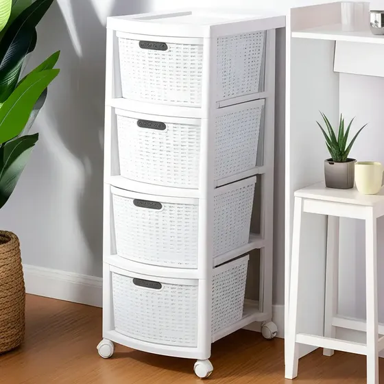 Cajonero Plástico Rimax Ratán 4 Cajones Estante Y Rueditas Color Blanco | MercadoLibre