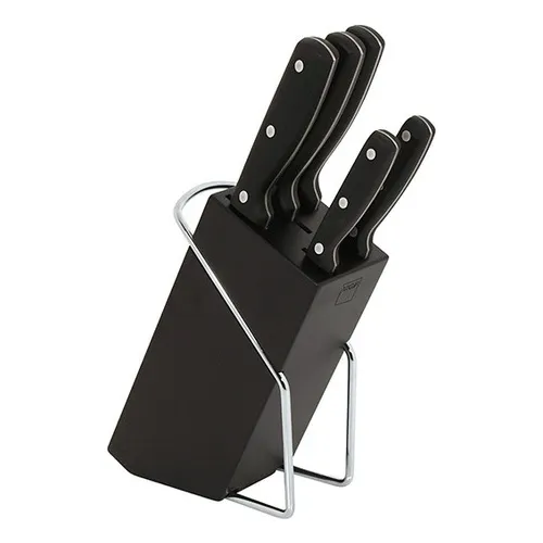 MAGEFESA ® Blade set de cuchillos con taco de madera, 6 piezas, color negro, fabricado en acero inoxidable, profesional, mangos ergonómicos antideslizantes, garantizan un corte firme, seguro y estable
