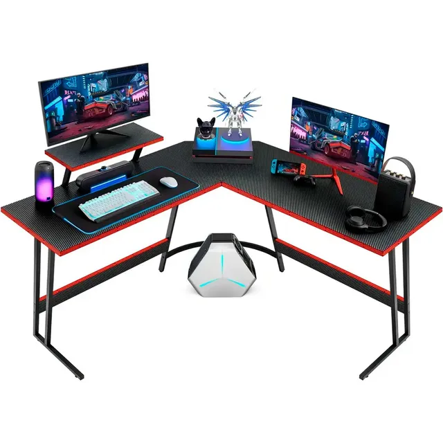 Escritorio Gamer En L Gadnic Mfc Textura Carbono Estructura Acero Medidas 130x50x74 Negro