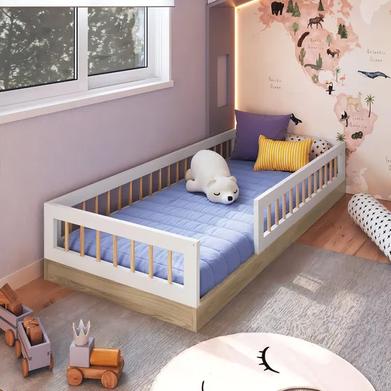 Cama Infantil de Chão Montessoriana Menino Menina Solteiro 195cm com Grade Proteção Aveiro com Branco