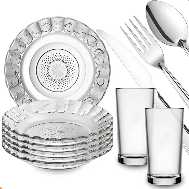 Aparelho De Jantar 30 Peças - Pratos + Copos + Talheres Inox