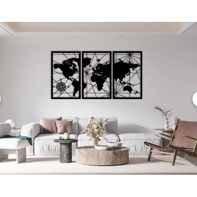 Set De Cuadros Tríptico Mapamundi 35x60 Cm Cu En Madera Mdf