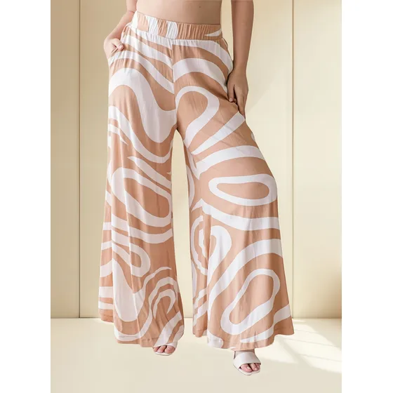 Pantalon Palazzo Lino Estampado Elastizado En Talles Grandes