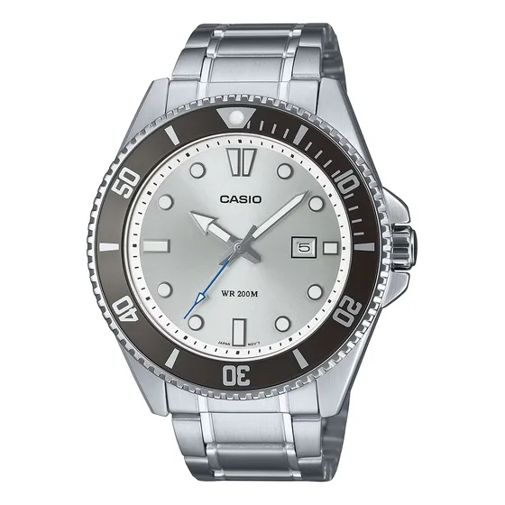 Relógio Casio Masculino Duro Mdv-107d-7avdf *200m Correia Prateado Bisel Preto Fundo Branco