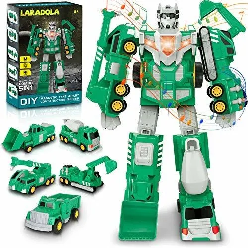 Vehiculos De Construccion Transformable En Robot Verde 5 Pz